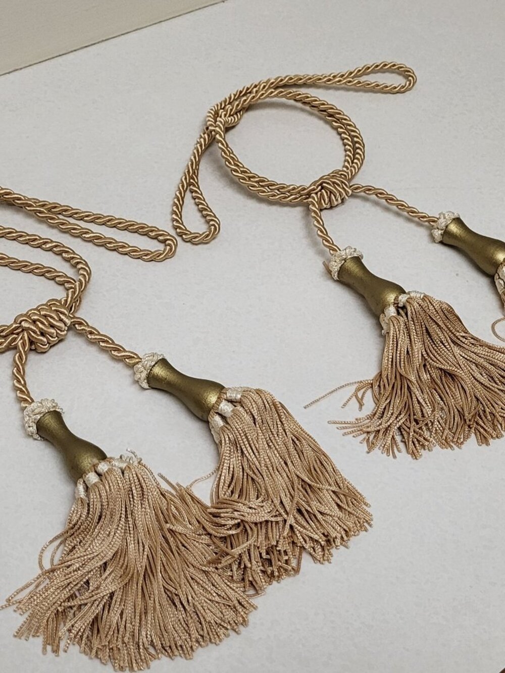 Vintage Curtain Silk Tassels Tie Backs Pair 5" French Style Gold Tan Rope USA